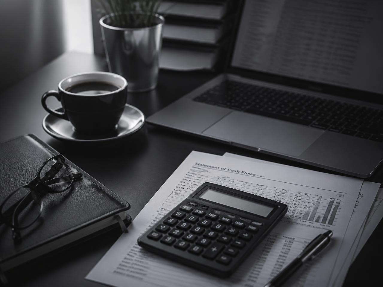 Mesa de trabalho contábil com relatórios, calculadora e notebook